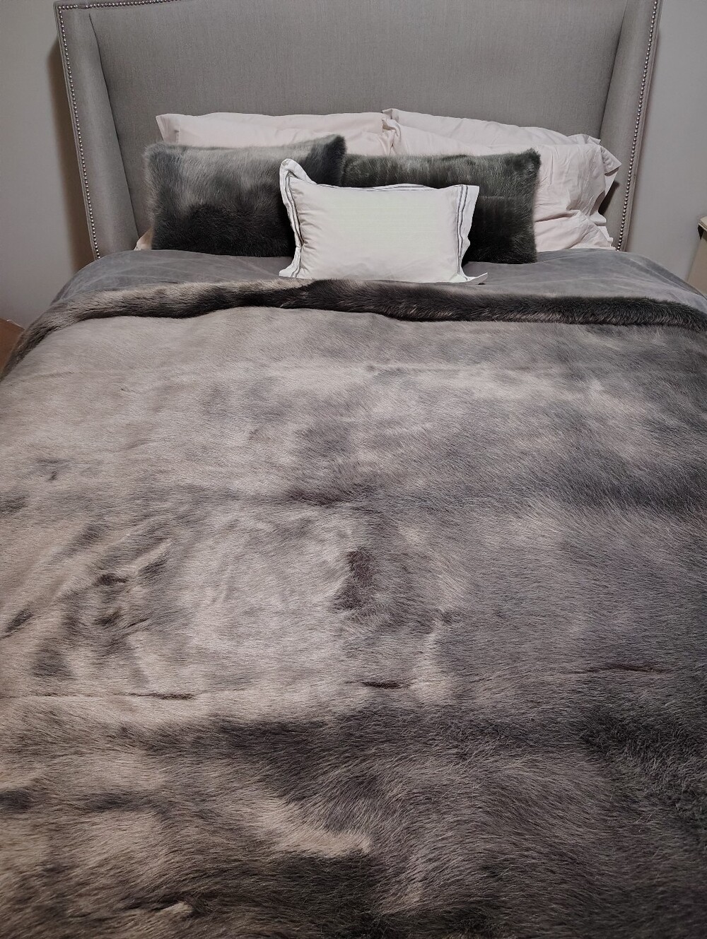 Luxury Faux Fur Bedspread in Charcoal Gray -  BRAND-Restorational Hardware.